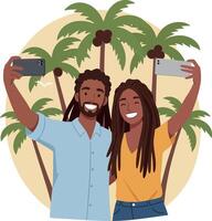 Two cheerful friends taking a selfie in a tropical setting with palm trees in flat art vector