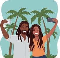 Joyful couple taking a selfie in a tropical setting with palm trees, flat illustration vector