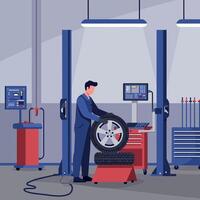 Mechanic working on a tire in a modern garage with flat art vector