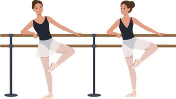 Two ballet dancers practicing at the barre in a flat illustration style showcasing grace and focus in a bright setting art vector