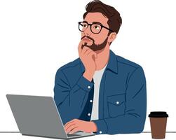 Thoughtful man in casual attire using a laptop while sipping coffee in minimal illustration vector