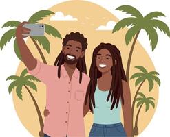 A joyful couple taking a selfie in a tropical setting with palm trees, flat art vector