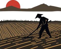 Farmer working in golden fields with a red sun setting behind mountains in flat art vector