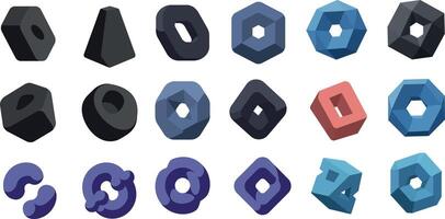 Geometric shapes collection featuring various styles and colors in a flat design aesthetic showcasing unique forms and textures in art vector