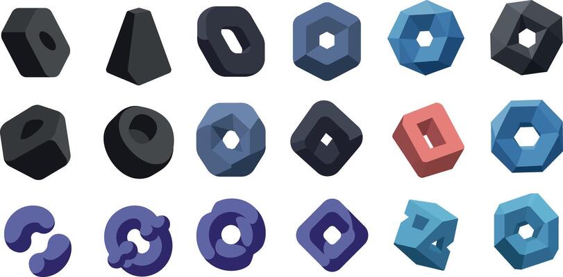 Geometric shapes collection featuring various styles and colors in a flat design aesthetic showcasing unique forms and textures in art