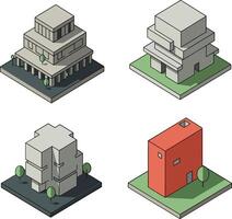 Four distinct architectural structures in a flat design style showcasing unique shapes, colors, and greenery in illustration vector