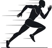 Dynamic silhouette of a male athlete sprinting in a flat black and white illustration vector