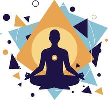 Meditating figure in lotus position surrounded by geometric shapes in flat design art vector