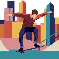 A young skateboarder performing tricks in a vibrant cityscape, minimal art vector