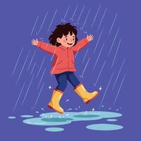 A happy child jumping in rain puddles wearing yellow boots and a red jacket in flat art vector