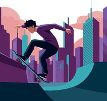 Skateboarder performing tricks in an urban park with a flat design style illustration vector