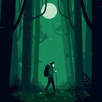 A hiker walking through a dense green forest under a full moon in flat art vector
