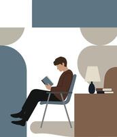A man reading a book in a cozy room with minimal flat design illustration vector
