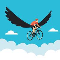 Cyclist soaring through clouds with large black wings in a flat illustration vector