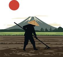 A farmer working in a field with a hoe under a large red sun and mountains in flat art vector