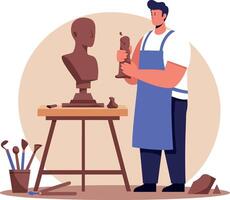 Sculptor working on a clay figure in a studio with tools and a bust in flat art vector