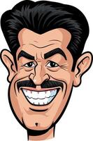 Cartoon-style character with a big smile and thick mustache in flat art vector