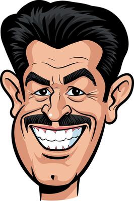 Cartoon-style character with a big smile and thick mustache in flat art