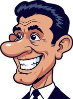 Cartoon-style illustration of a smiling man in a suit with exaggerated features and vibrant colors in art vector