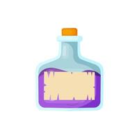 Magic violet potion in a glass bottle with a stopper in flat style isolated on white background. illustration vector