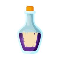 Magic violet potion in a glass bottle with a stopper in flat style isolated on white background. illustration vector