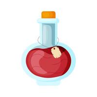 Magic red potion in a glass bottle with a stopper in flat style isolated on white background. illustration vector
