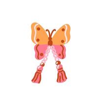 Boho bow in shape of butterfly with tassels on the ends and beads. Groovy decorative element. Colorful pretty charming bow knot macrame. Vintage hand drawn illustration. 1970 inspiration vector