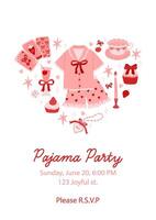 Pajama party invitation template. Composition of themed items in the form of a heart. Card for birthday party with sample text. Editable illustration. Coquette aesthetic. Whimsical elements vector