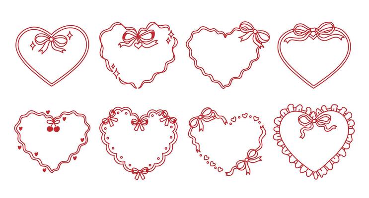 Set of ribbon heart frames decorated coquette pretty charming bows, hearts, stars, cherry, lace. Holiday trendy borders. Vintage elements