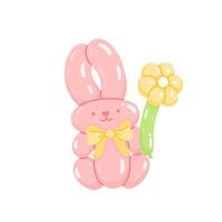 Realistic animal shaped balloon, funny bunny toy with bow and flower. Twisted helium latex ballon. Happy rabbit with positive face expression. Spring, happy easter symbol vector