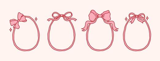 Set of egg shaped ribbon frames with coquette bow. Holiday background for greeting cards, invitations, social media. Whimsical borders design for Happy Easter vector
