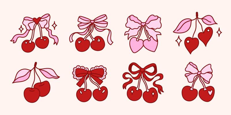 Set of cherries with pretty bows. Cherry Berry with elegant bow knot and ribbon. Coquette aesthetic. Trendy y2k Collection decorative elements. Whimsical clipart