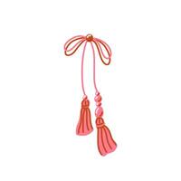 Boho bow of cord or rope with tassels on the ends and beads. Groovy decorative element. Colorful pretty charming bow knot macrame. Vintage hand drawn illustration. 1970 inspiration vector