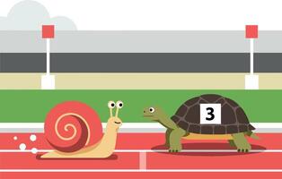 A cheerful snail and a determined turtle racing on a track in minimal art vector