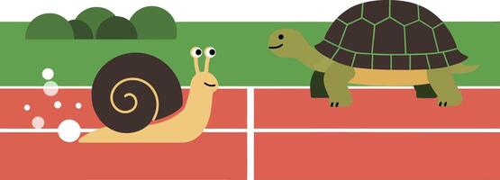 A friendly race between a cheerful snail and a determined turtle in flat art vector