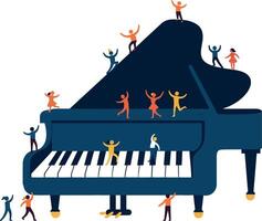 Group of colorful dancers joyfully celebrating on a grand piano in flat art vector