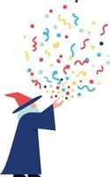 Wizard in a blue robe casting colorful confetti with a joyful expression in flat art vector