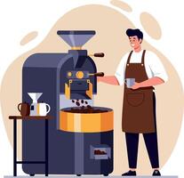 Coffee roaster operating a machine in a minimalistic design style, showcasing passion for coffee, art vector