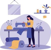 Seamstress working on a sewing machine surrounded by colorful fabrics in a minimal illustration vector