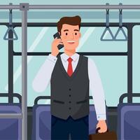 Professional man in a suit smiling while talking on a phone inside a bus, flat illustration vector