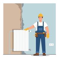Worker in a hard hat and gloves adjusting a radiator in a flat, minimal illustration vector