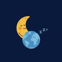 Smiling moon resting beside sleeping Earth in flat illustration vector