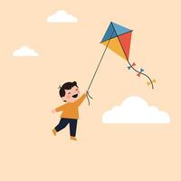A joyful boy flying a colorful kite in a bright sky, minimal illustration vector