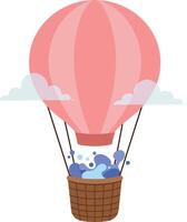 Hot air balloon floating above whimsical clouds in a flat and colorful illustration vector