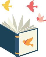 Open book with colorful birds flying out in a whimsical flat illustration vector