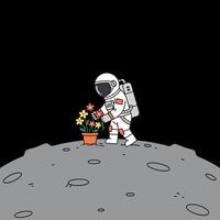 Astronaut tending to vibrant flowers on a lunar surface in flat art vector