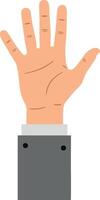 A raised hand in a formal suit showcasing an open palm in flat art vector