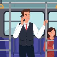 A man in a suit talking on the phone while standing in a bus, flat illustration vector