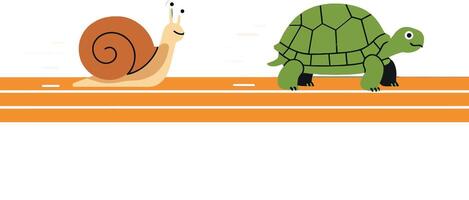 Snail and turtle competing on a bright orange track in a minimal illustration vector