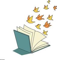 Open book with colorful birds flying out in a flat design illustration vector